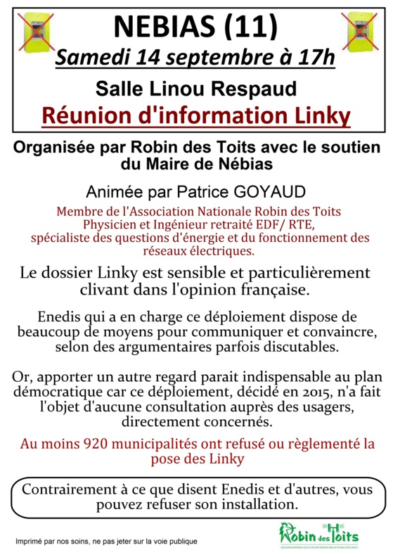 LINKY - NEBIAS (11) : Réunion d'information samedi 14 septembre 2019 à 17h00 
