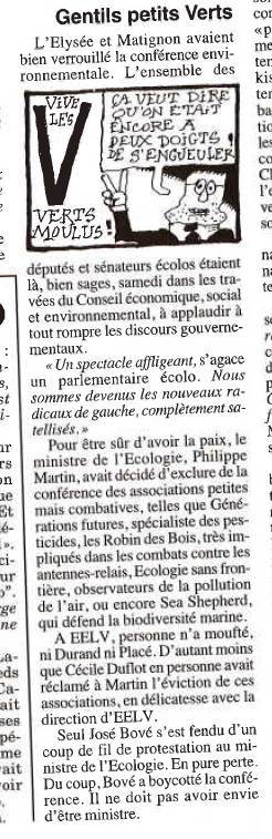 "Gentils petits Verts" - Le Canard Enchaîné - 18/09/2013