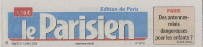 'Des antennes relais dangereuses pour les enfants ?' - Le Parisien (Cahier Central) du 07/03/2008