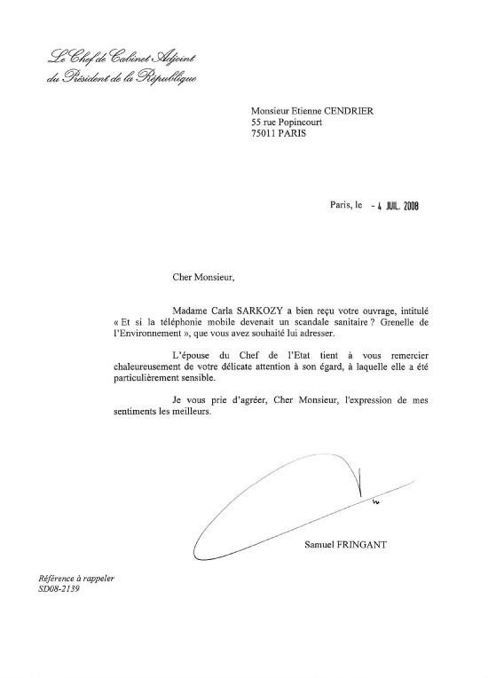 Réponse du cabinet du Président de la République à l'envoi du livre d'Etienne Cendrier - 06/07/2008