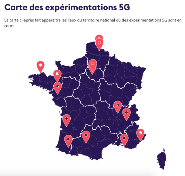 Carte des expérimentations 5G en France. Source Arcep 21 dec 2018