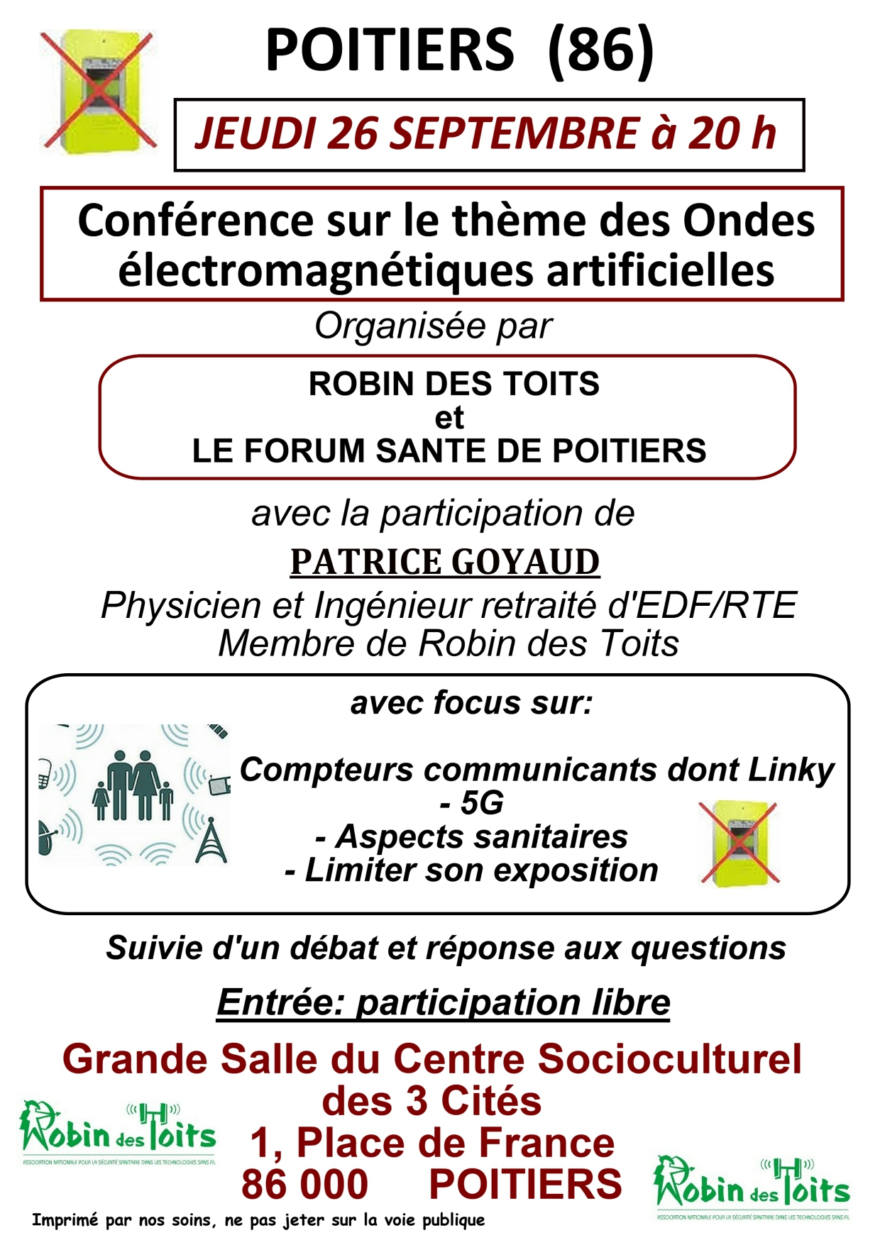 Poitiers - Jeudi 26 septembre 2019 à 20h00 : Conférence sur les ondes électromagnétiques artificielles, suivie d'un débat